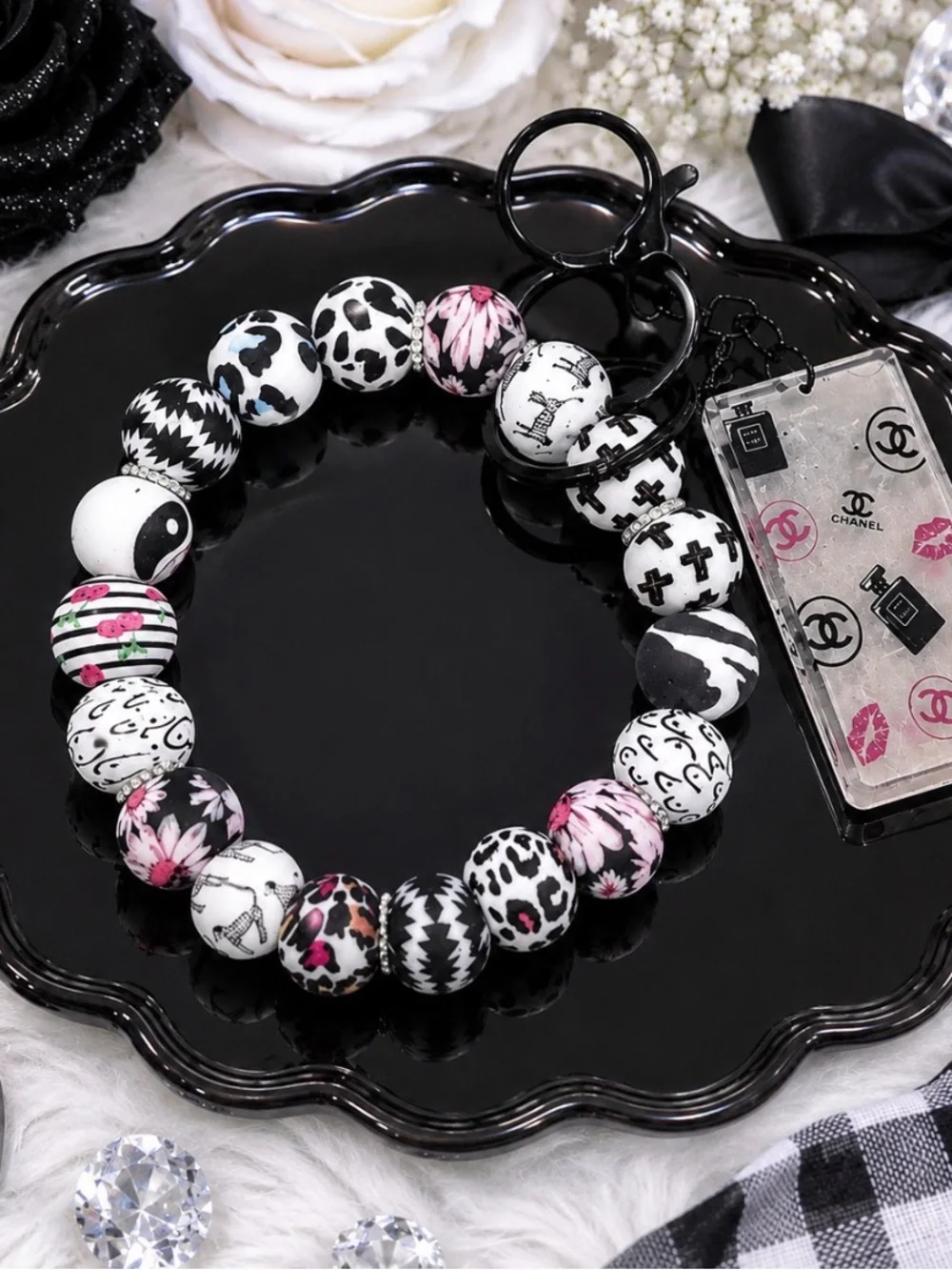Stylish Black and White Beaded inspired wristlet keychain